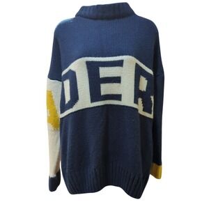 ADER Error Oversized Knit Sweater Navy Cream Yellow Logo Mock Neck Size 1